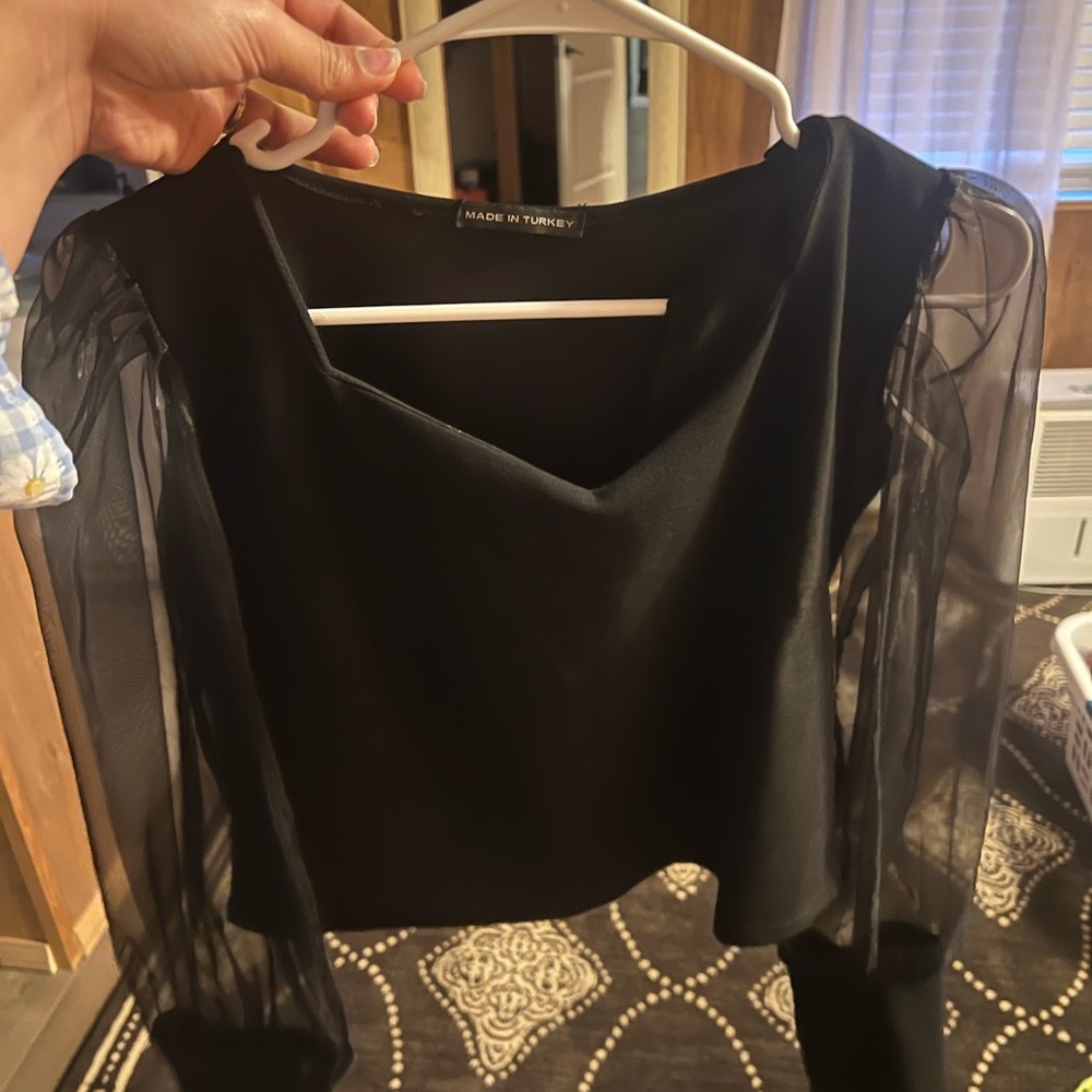Elegant Black Blouse with Sheer Puff Sleeves and Long Sleeves
